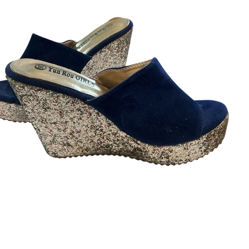 YRU Blue Silver Sequin Platform Wedges Y2K Party Glam Retro Size 36/ US 5.5-6